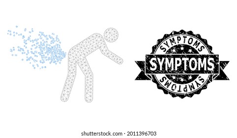 Die Symptome kratzten Stempelsiegel und Vektor Farting Person Maschenmodell. Das schwarze Stempelsiegel enthält den Titel Symptome innerhalb von Band und Rosette. Abstrakter Flachmaschenzüchter, aus Flachmaschen hergestellt.