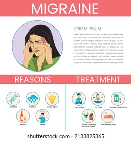 Symptoms And Self Treatments For Migraine Healthcare Cartoon Infographics. Cute Infographic Of Migraine And Headache Vector Illustration.