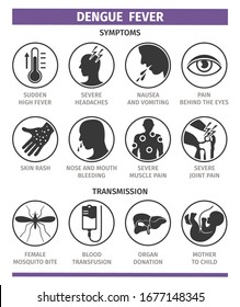 Symptoms and transmission of dengue fever. Template for use in medical agitation. Vector illustration, flat icons.