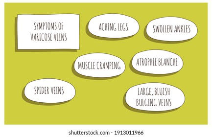 symptoms of Varicose veins.  Vector illustration for medical journal or brochure. 