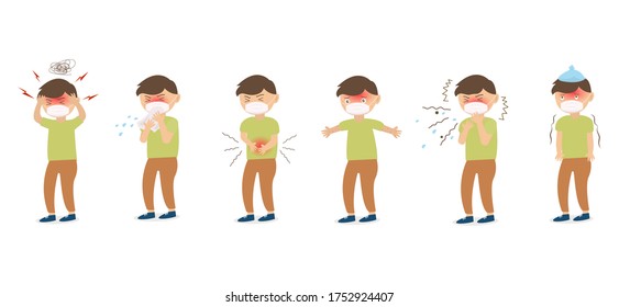 Symptoms of a viral infection and respiratory illness. A sick man coughs and sneezes. Have a Headache, Stomach ache,dizziness, coughing and fever. Coronavirus COVID-19. Vector illustration.