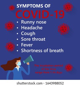 Symptoms of Wuhan Novel corona virus disease (COVID-19), woman in suit with blue medical face mask. Concept of coronavirus 2019-nCoV quarantine