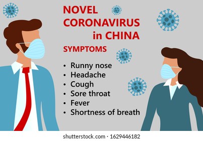 Symptoms of Wuhan Novel coronavirus (2019-nCoV), woman and man in suit with blue medical face mask. Concept of coronavirus quarantine