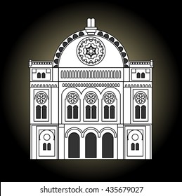 Synagogue black and white drawing. Facade of the synagogue in the front view. Jew religion building of old synagogue. High holy days,  Yamim Noraim