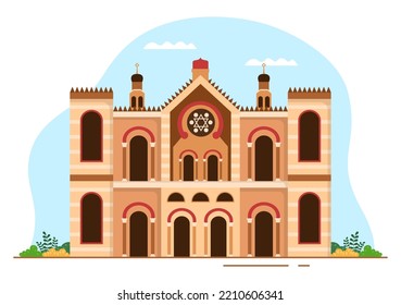 Synagogue Building or Jewish Temple with Religious, Hebrew or Judaism and Jew Worship Place in Template Hand Drawn Cartoon Flat Illustration