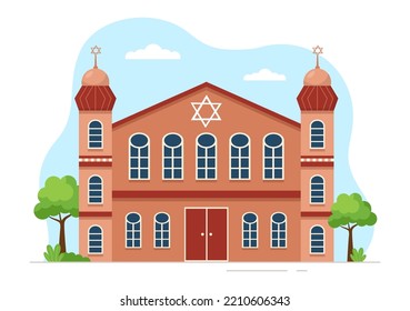 Synagogue Building or Jewish Temple with Religious, Hebrew or Judaism and Jew Worship Place in Template Hand Drawn Cartoon Flat Illustration