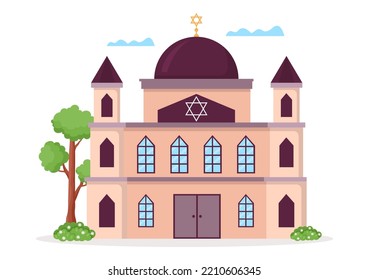 Synagogue Building or Jewish Temple with Religious, Hebrew or Judaism and Jew Worship Place in Template Hand Drawn Cartoon Flat Illustration