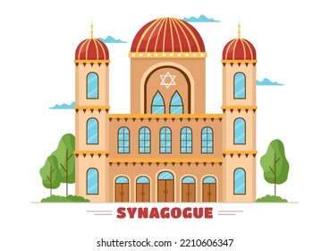 Synagogue Building or Jewish Temple with Religious, Hebrew or Judaism and Jew Worship Place in Template Hand Drawn Cartoon Flat Illustration