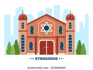 Synagogue Building or Jewish Temple with Religious, Hebrew or Judaism and Jew Worship Place in Template Hand Drawn Cartoon Flat Illustration