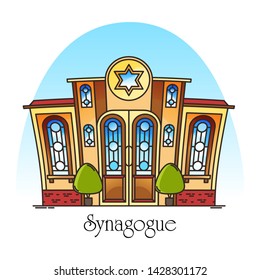 Synagogue building or jewish temple. Town or city religious landscape. Facade or front of jew worship place. Hebrew or judaism construction with David star. Architecture and religion theme. Synagog