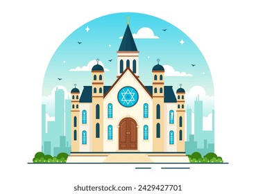 Synagogue Building or Jewish Temple Vector Illustration with Religious, Hebrew or Judaism and Jew Worship Place in Flat cartoon Background