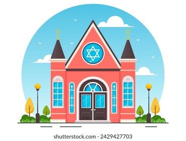 Synagogue Building or Jewish Temple Vector Illustration with Religious, Hebrew or Judaism and Jew Worship Place in Flat cartoon Background