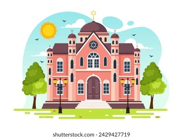 Synagogue Building or Jewish Temple Vector Illustration with Religious, Hebrew or Judaism and Jew Worship Place in Flat cartoon Background