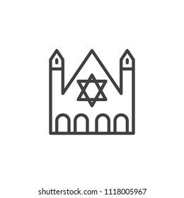 Synagogue building outline icon. linear style sign for mobile concept and web design. Religious house with David Star simple line vector icon. Symbol, logo illustration. Pixel perfect vector graphics