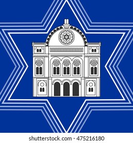 Synagogue drawing inside David star shape. Jewish religious symbolism. White silhouette on blue background. 