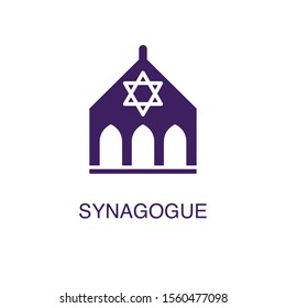 Synagogue element in flat simple style on white background. Synagogue icon, with text name concept template