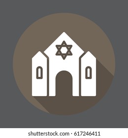 Synagogue flat icon. Round colorful button, circular vector sign with long shadow effect. Flat style design