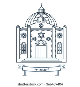 Synagogue flat line vector illustration. Jewish symbol. Israel religion building. Outlined architecture illustration. Religion stroke icon. For poster, flyer, web, banner, header, hero image