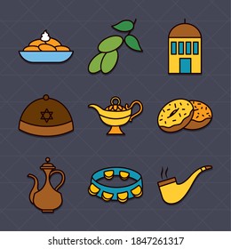 synagogue and hanukkah icon set over black background, line and fill style, vector illustration