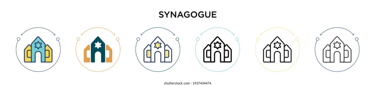 Synagoge Icon in vollem, dünnen Linie, Umriss und Strich Stil. Vektorgrafik zweier farbiger und schwarzer Synagoge-Vektorsymbole kann für mobile, iPhone-, web-basierte