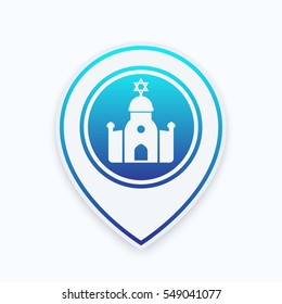 Synagogue Icon On Map Pointer, Jewish House Of Worship