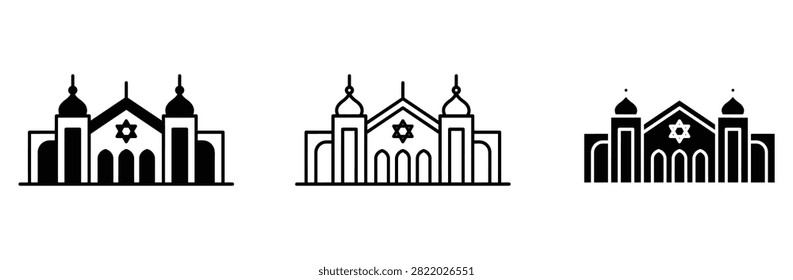 Synagogue icon set with Star of David. Jewish temple building, Judaism place of worship, religious house structure symbol. Vector illustration isolated on white background