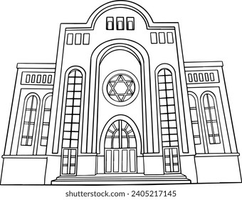 Synagogue outline vector illustration. Hand drawn linear art of Jewish church with David star symbol.