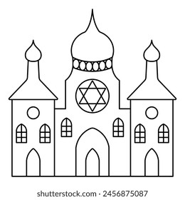 Synagogue. Sketch. Vector illustration. Outline on isolated background. Coloring book for children. A place for prayer and ritual reading of the Torah. A place where the Jewish community gathers. 