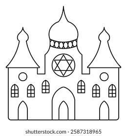 Synagogue. Sketch. Vector illustration. Outline on isolated background. A place for prayer and ritual reading of the Torah. A place where the Jewish community gathers.