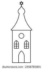 Synagogue tower. Star of David on the dome spire. Sketch. Vector illustration. Outline on isolated background. Coloring book for children. A place where the Jewish community gathers. Doodle style. 