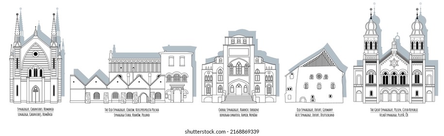 Synagogues in European cities: Kharkiv, Pilsen, Erfurt, Cracow, Caransebes. Black and white. Vector illustration

