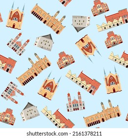 Synagogues in Kharkiv, Pilsen, Budapest, Erfurt, Cracow, Caransebes.  Seamless background pattern. Vector illustration
