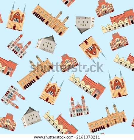 Synagogues in Kharkiv, Pilsen, Budapest, Erfurt, Cracow, Caransebes.  Seamless background pattern. Vector illustration
