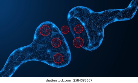 Synapse, nervous system. Polygonal design of interconnected elements. Blue background.