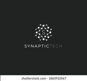 Synapse Structure, Abstract Vector Logo Concept. Synaptic Tech Emblem, Isolated Icon On White Background. Round Dot Surface Logotype For Innovate Medical Business And Digital Technology Startup.