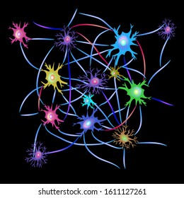 Synapses of neurons. Neural communications background. Synapse communication neuron. Vector illustration on black isolated background.
