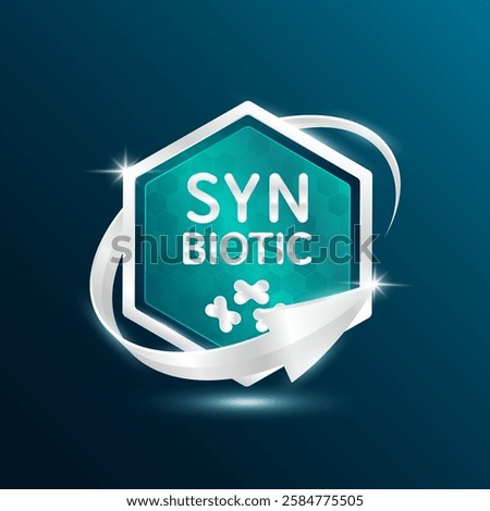 Synbiotic bacteria. Blue shine hexagon rounded modern packaging badge logo silver arrow surround on dark background. Good bacterial flora for stomach and intestine. For design product label. Vector.