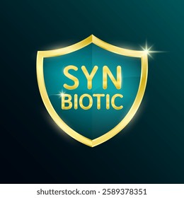 Synbiotic bacteria in green shield on dark background. Gold shine frame for product label packaging badge logo. Good bacterial flora for stomach bowel intestine. 3D Vector.