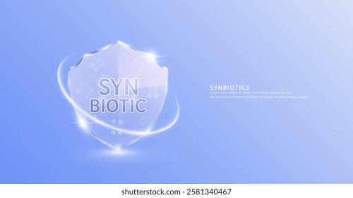 Synbiotic bacteria in translucent glass shield modern surrounded by glowing ring. Good bacterial flora for stomach intestine. Health care immunity. For design dietary supplement products ads. Vector.