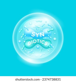 Synbiotics bacteria blue green. Good bacterial flora for stomach and intestine for designing dietary supplements healthy nutrition. Biology lactobacillus. Health care immunity support. Vector EPS10.