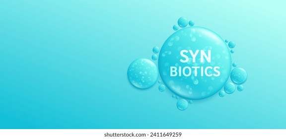 Synbiotics blue drop water. Good bacterial flora for stomach and intestine. Create balance for the gut. Banner for dietary supplements healthy nutrition. Health care. Empty space for text. Vector.