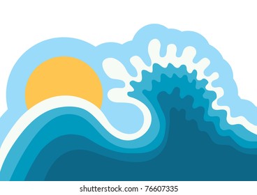 Synbol of Wave in ocean.Water background for surfing with sun.