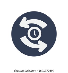 sync arrows and clock icon over white background, block style, vector illustration