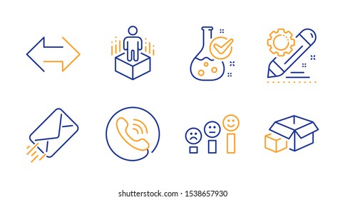 Sync, Augmented reality and Customer satisfaction line icons set. E-mail, Chemistry lab and Call center signs. Project edit, Packing boxes symbols. Synchronize, Virtual reality. Line sync icon. Vector