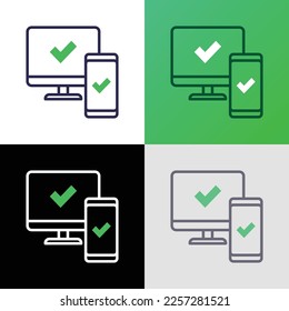 Sync between computer and smartphone is approved: check marks are on device screens. Thin line icon. Modern vector illustration.