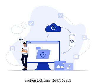 Ilustração do conceito de sincronização. Adequado para landing page, ui, web, cartão de introdução do aplicativo, editorial, folheto e banner.