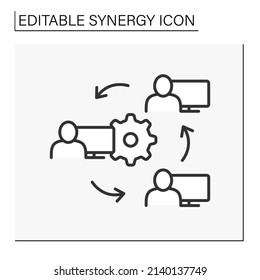 Sync Devices Line Icon. Synchronize Work Between Leader And Employees. Cooperation. Synergy Concept. Isolated Vector Illustrations. Editable Stroke