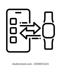 Sincronizar dispositivos, reloj inteligente con icono de teléfono inteligente. Estilo de contorno. Vector. Aislar sobre fondo blanco.