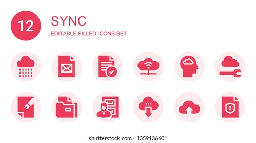sync icon set. Collection of 12 filled sync icons included Cloud, File, Cloud computing, Files