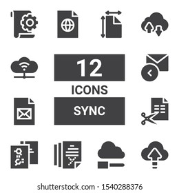 sync icon set. Collection of 12 filled sync icons included Cloud computing, Cloud, File, Reply